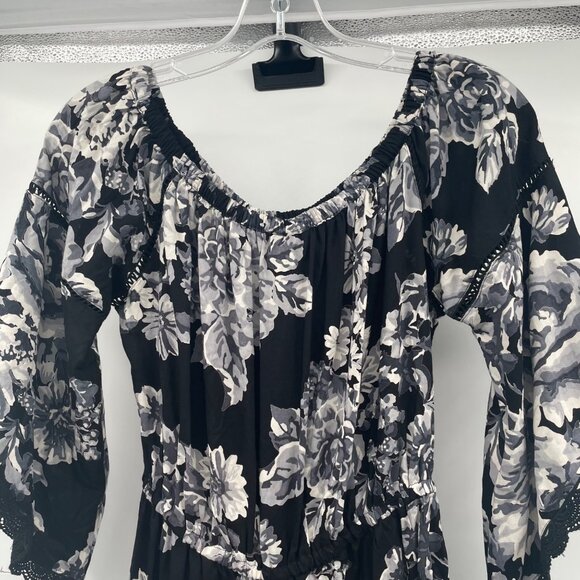 ANGIE Womens Floral Romper Long Belle Sleeves Lace Trim Black/Multi Size Medium - Picture 6 of 8